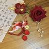 Retro Chinese Style Hair Stick Tassel Pearl Hanfu Hairpin Elegant Red Flower Hair Clip  Girls