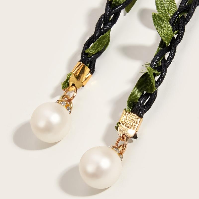 Green Leaves Thin Waist Belt Women Adjustable Belt with Pearl Pendant Belt