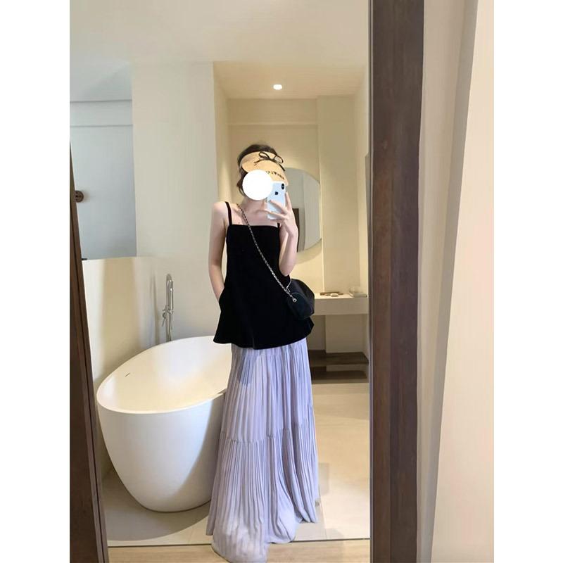 Women Spring and Summer Trend High Waist Pleated Long Skirt Casual Elegant Solid A-line Big Swing Skirt Girl Half Fairy Skirt