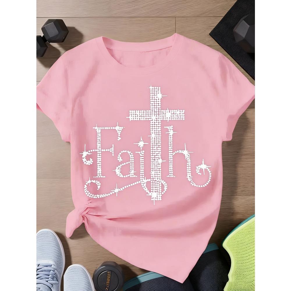 Women Cotton Short Sleeves T-shirts Faith Cross Rhinestone Women's Tee Christian Religious Graphic Black Top