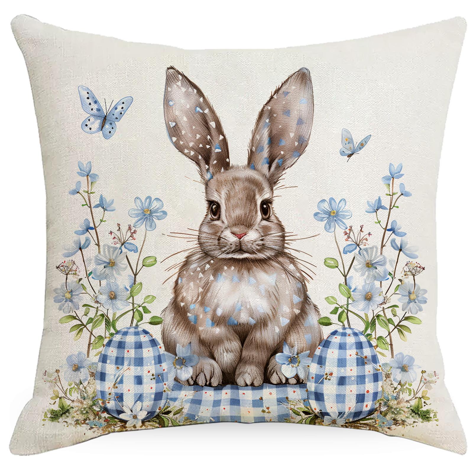 

Новая синяя клетчатая пасхальная наволочка, чехол для подушки, милая наволочка с кроликом, грузовиком и животными 45 * 45Cm