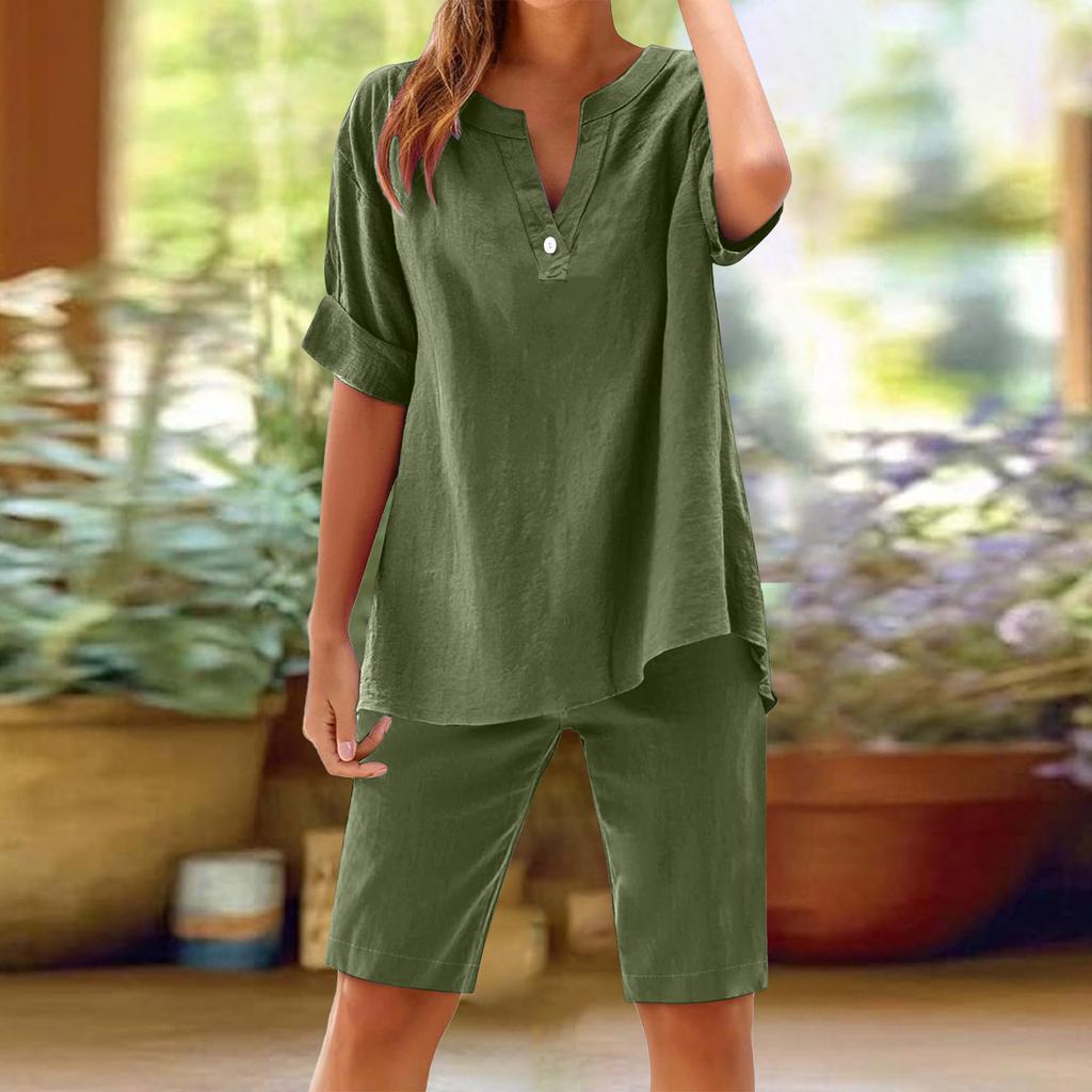 Women's Casual Suits Women's Cotton Linen Summer Suit with Wide Leg Pants Casual Loose Fit Two for Ladies for Summer