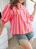 Womens Summer Striped Puff Sleeve Babydoll Blouse V Neck Loose Fit Top