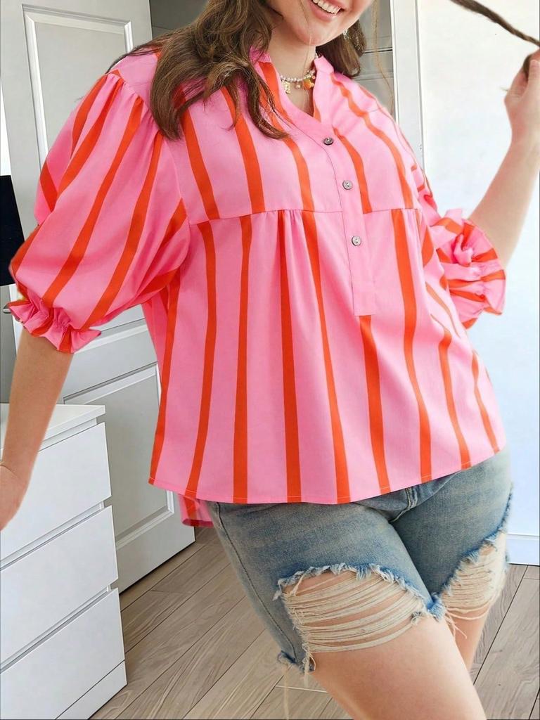 Womens Summer Striped Puff Sleeve Babydoll Blouse V Neck Loose Fit Top
