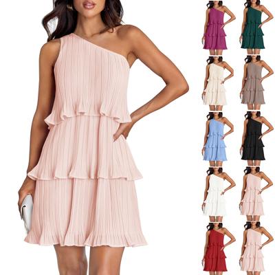 Women's 2024 Summer Sleeveless Dress Boho One Shoulder Ruffle Tiered Layered Chiffon Flowy A Line Dresses