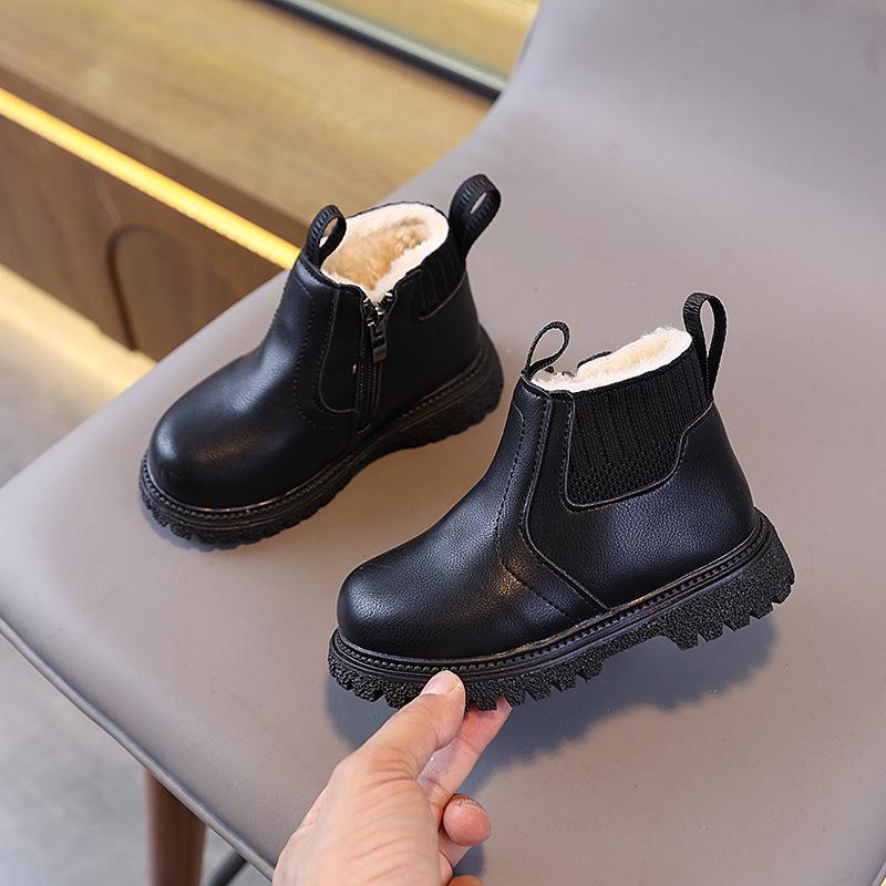 Autumn Winter Kid Boys Girls Casual Ankle Boots Comfortable Simple Side Zipper Leather Boots Velvet Warm Non-Slip Boots
