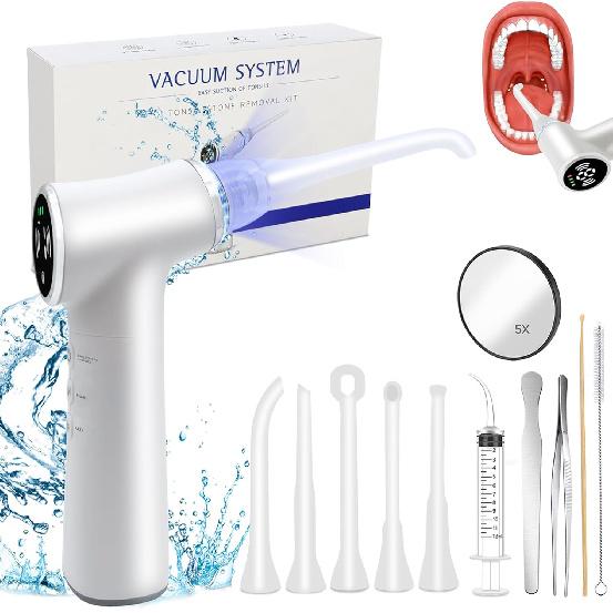 Electronic Tonsil Stone Remover Vacuum, 10 in 1 Tonsil Stone Removal Kit with Built-in LED Light & 6 Levels Suction, Tonsil Stone Cleaner Instant
