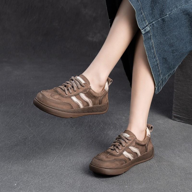 Johnature Colored Sneakers Comfortable Lace Up Flat Shoes Retro Genuine Leather Casual Women's Shoes
