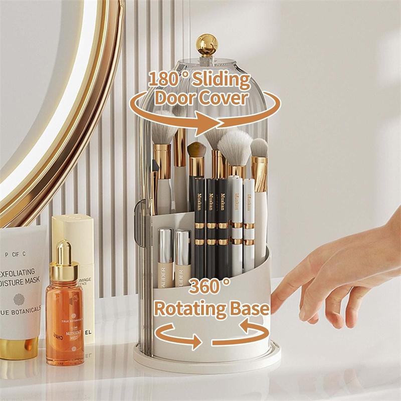 360° Rotating Makeup Brushes Holder with Lid Dustproof 3 Compartment Design Makeup Brushes Organizer Box for Vanity Countertop