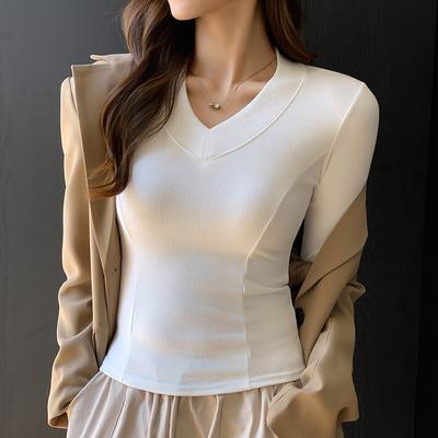 Versatile V Neck Long Sleeve Tee Women Early Autumn Winter White Base Layer Slim Fit Structured Shoulder Top