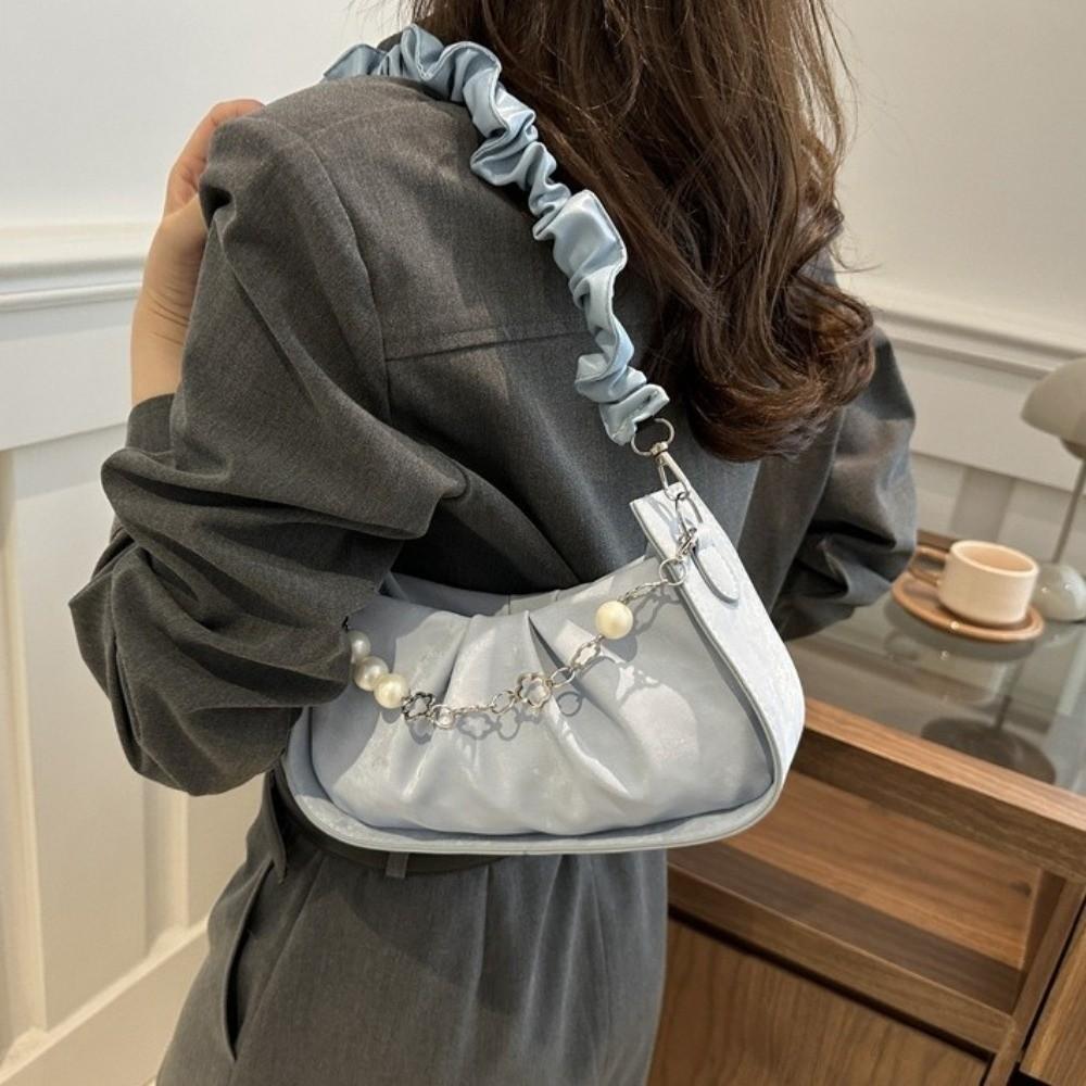 PU Leather Cloud Shoulder Bag Korean Style Pleated Handbag Pearl Chain Crossbody Bag  Office Worker