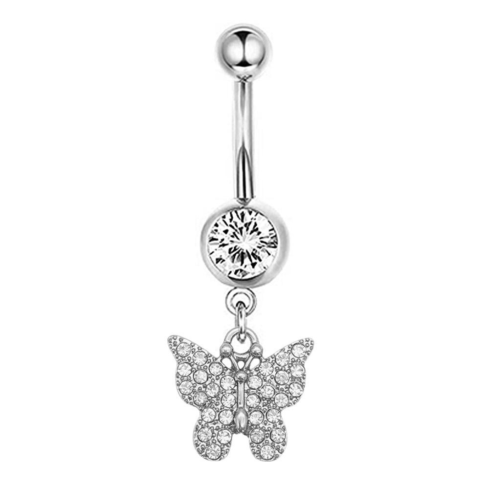 1Pcs Stainless Steel Long Navel Nail Butterfly Heart Five-pointed Star Pendant Navel Ring Piercing Jewelry