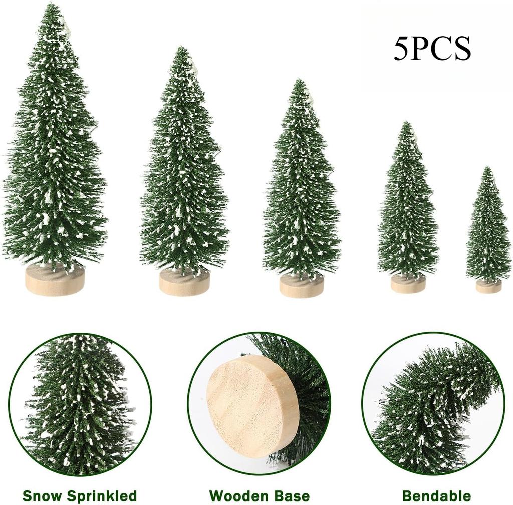 A Set of Five Sizes Mini Christmas Trees Artificial Bottle Brush Trees with Wooden Base ForChristmas Home Table Craft Dress Up