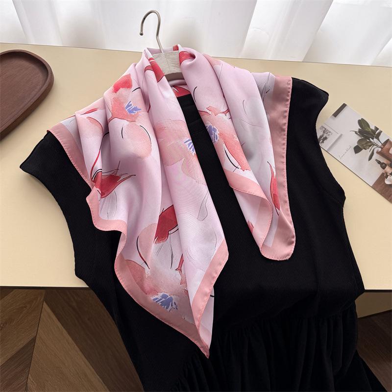Floral Printed Small Square Scarf For Women Summer Sun Protection