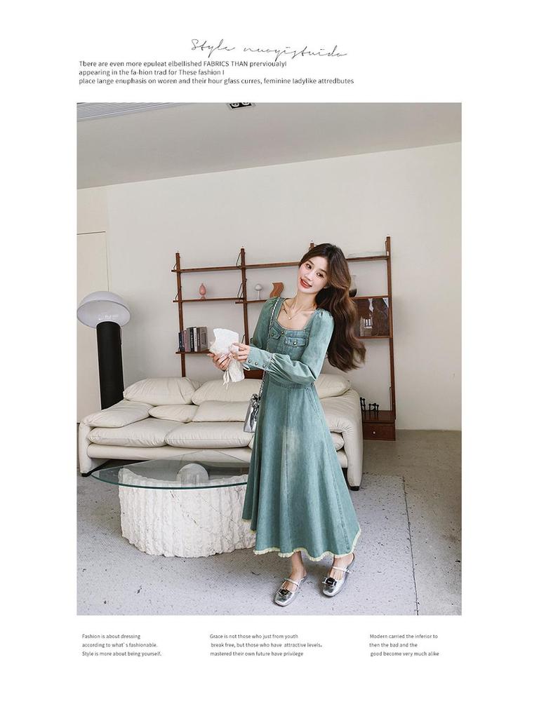 Hepburn-Style Denim Shirt Dress for Women - Spring/Autumn 2024 Retro Waist Design