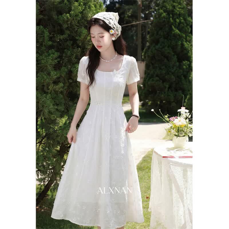 Elegant French Style A-line Short-Sleeve Midi Dress