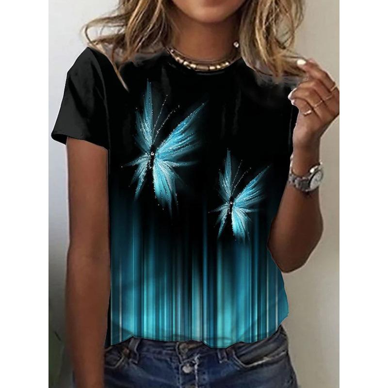 Women's Black Purple Butterfly Print Short Sleeve T-Shirt Casual Graphic Top