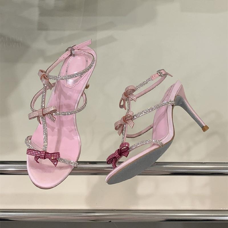 

Сладкие розовые босоножки-гладиаторы с Т-образным ремешком, украшенные стразами, летние слинбэки на тонком высоком каблуке, туфли для вечеринки и свадьбы 40