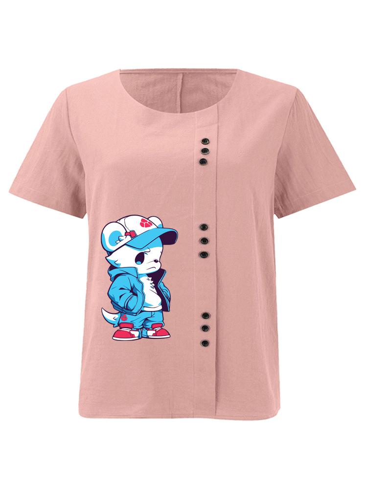 Women s Fashion Blue Bear Print Shot Sleeve T-shirt Loose Cotton Shirt Casual Loose Summer Blouse Tops Plus Size S розовый