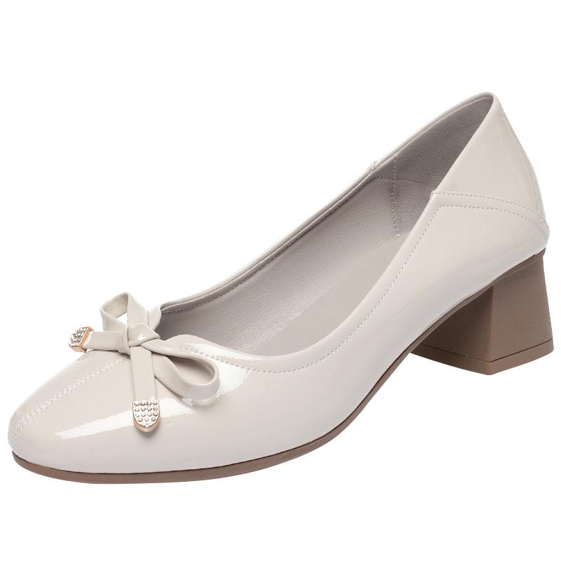 4.5cm Brerathable Comfortable Bright Leather Shoes Women Pumps with Heels 2025 Spring Sweet Bow Med Block Heels Shoes Mom Office