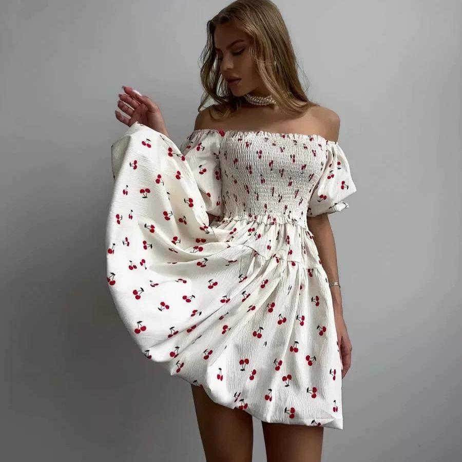 European and American new temperament cute French girl floral square neck short sleeve chiffon sweet short dress women's clothing