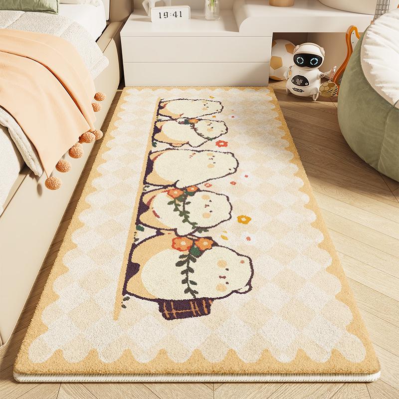 Dětský kreslený plyšový kobereček k posteli - Umělý kašmír, Roztomilá a zesílená podlahová rohož do dívčího pokoje.