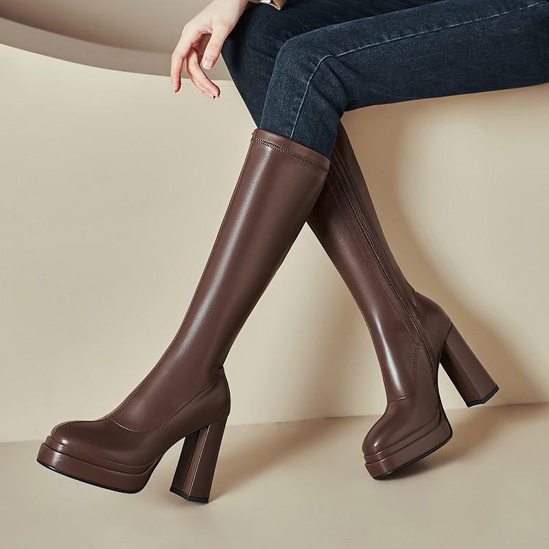 

Fashion High Boots Autumn New Round Toe Side Zipper Platform Non-Slip Wear-Resistant Square Heel High Heel Boots 39 коричневый