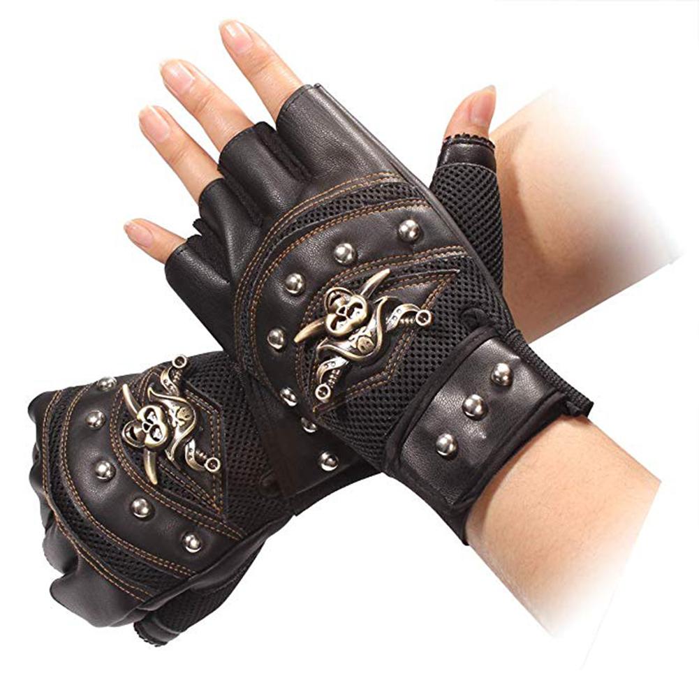 1 Pair Artificial Leather Rivets Pirate Skeleton Gloves Punk Half Finger Gloves Men s Gloves for Motorcycle Riding Outdoor Sports Material: Artificial leather