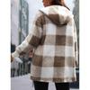 Women's Autumn and Winter Hooded Plaid Warm Top, Mid To Long Plush Cardigan Jacket