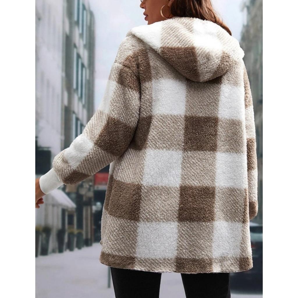 Women's Autumn and Winter Hooded Plaid Warm Top, Mid To Long Plush Cardigan Jacket