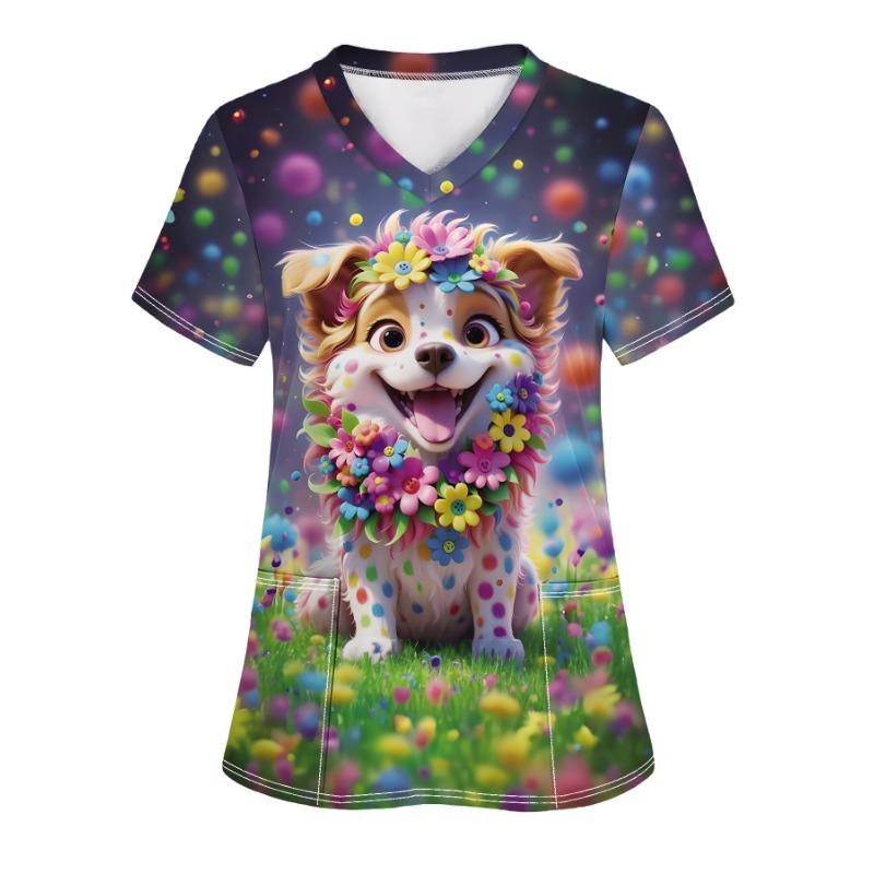 

Ladies fashionable short sleeved V-neck top, cute little dog in the flowers, casual and comfortable S