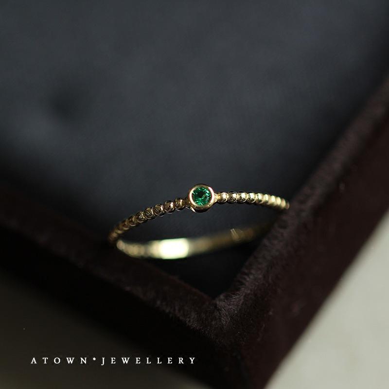 14K Gold-Plated S925 Sterling Silver Ring with Emerald Zircon - Stackable Pinky Design Size 16 (HK) золотой
