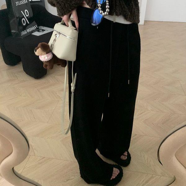 2025 Autumn/Winter Women's Elastic Waist Wide-Leg Drawstring Towel Pants - Thickened, Lazy Style, Casual and Straight Fit