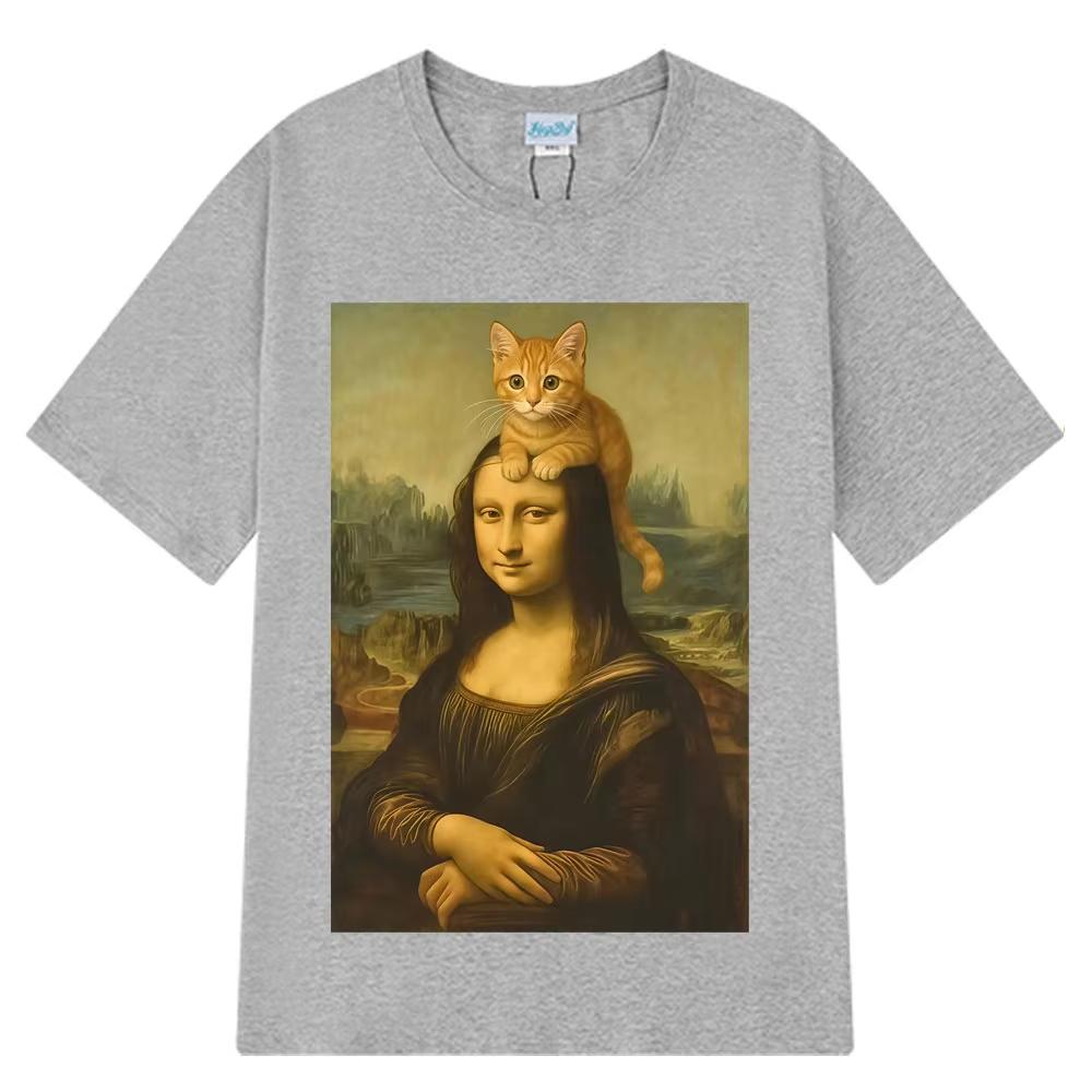 

Cat Ahd Mona Lisa with Cat Funny Meme T Shirt Men Women Short-sleeved Cotton Harajuku Casual Oversized T-shirts Streetwear Tees S
