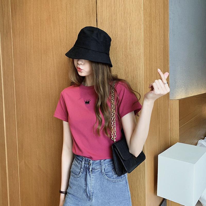 Summer Slim Fit Embroidered Round Neck Short Sleeved T-shirt for Women Student Women's Base Top Shirt