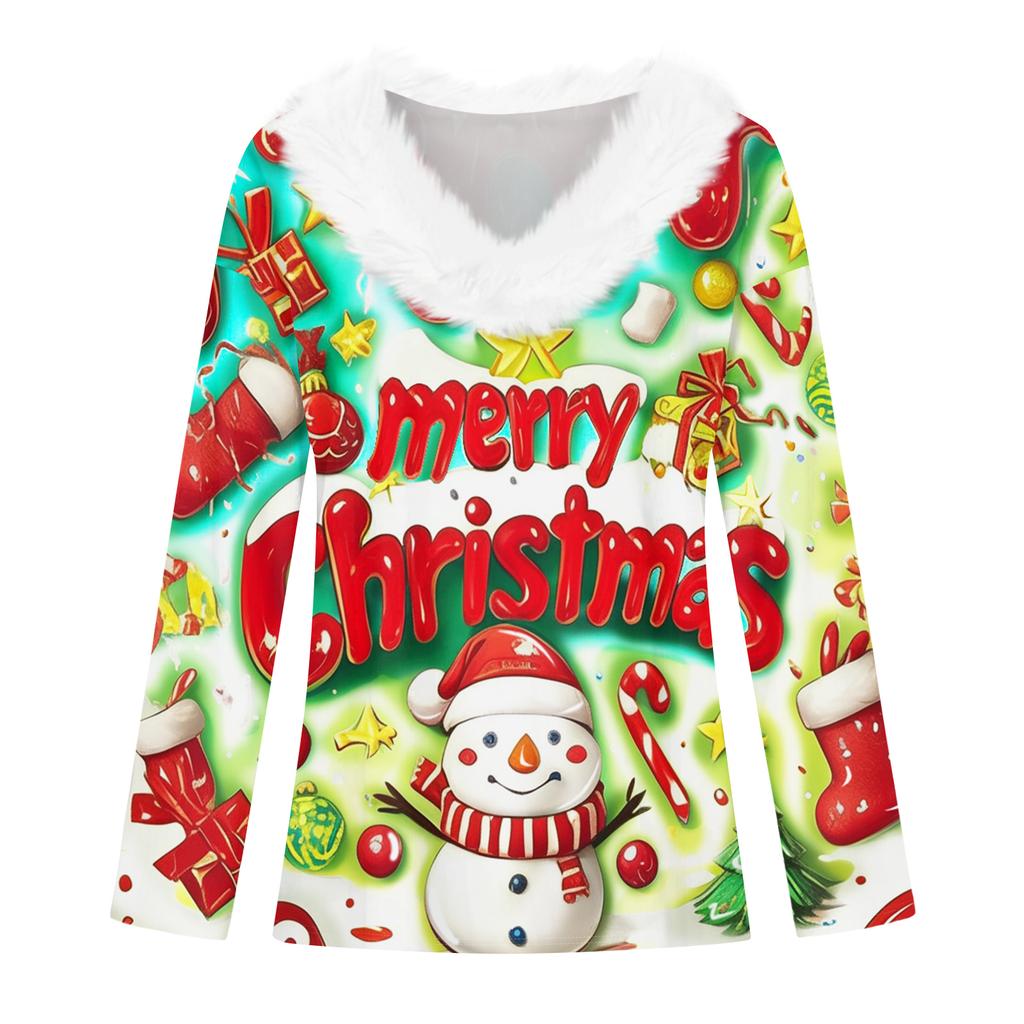 Women's Christmas Printed Long Sleeved Party Plush Neck V-neck Top