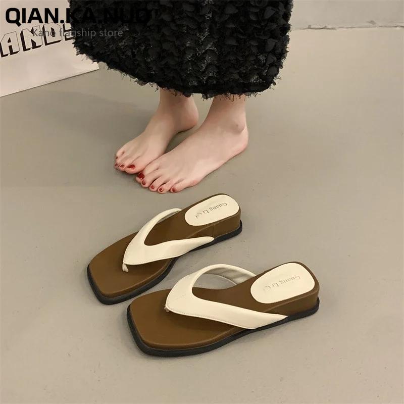 Beach Shoes Rubber Flip Flops Square Toe Woman's Slippers Slides Platform Sabot Hawaiian 2025 Flat Soft Beach Shoes Slippers Sof