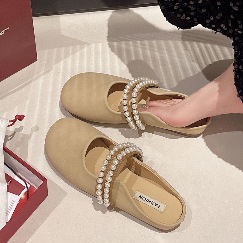 Baotou half slippers women's spring and summer wear the 2025 new Internet celebrity pearl comfortable soft-soled fairy-style sandals