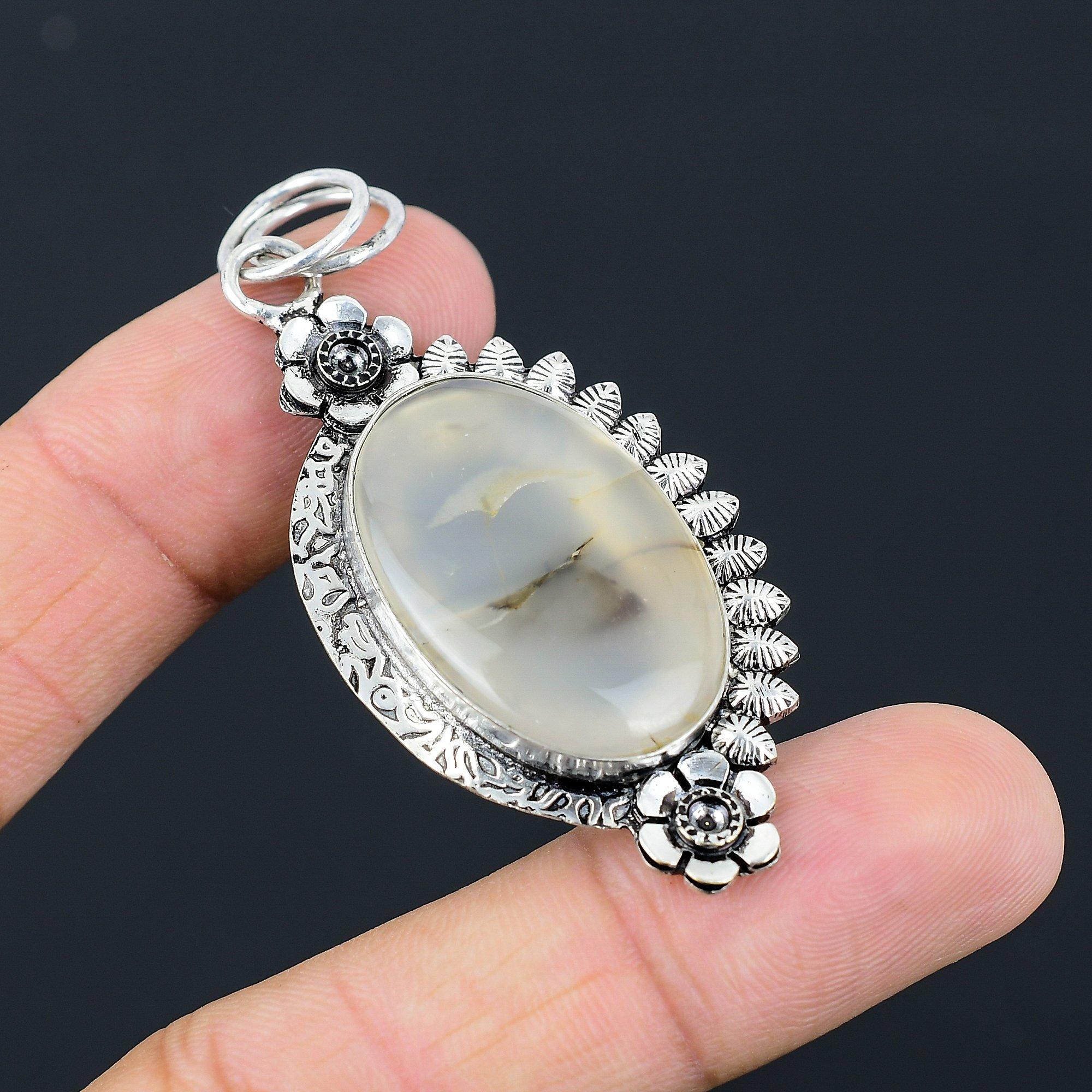 Natural Montana Agate Gemstone 925 Sterling Silver Pendant Flower For Girls