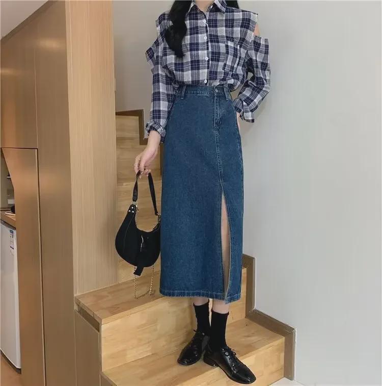 High Waist A-Line Denim Skirt: Women's Retro, Slim Fit, Hip-Wrapped with Slit, Available In Large Sizes, Perfect for Spring and Autumn.