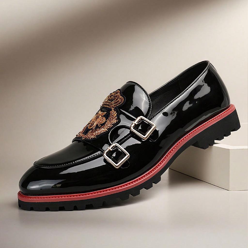 Retro Designer Social Business Dress Leather Shoes Men's Slip On Loafers Fashion Double Buckle Bee Crown Embroidery Office Shoes