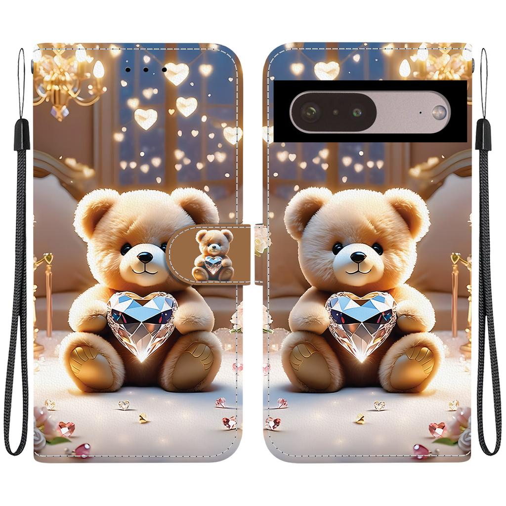 Handmade PU Leather Flip Case for Google Pixel 7 Pro Anti-Slip Shockproof Cover with Wrist Strap & Heart/Rose Cat Designs