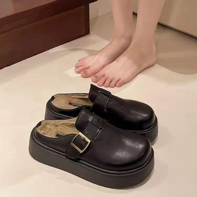 Autumn and winter wear a pedal bag head half slippers 2025 new Mao Mao cotton drag popular leather Birkencotton slippers women