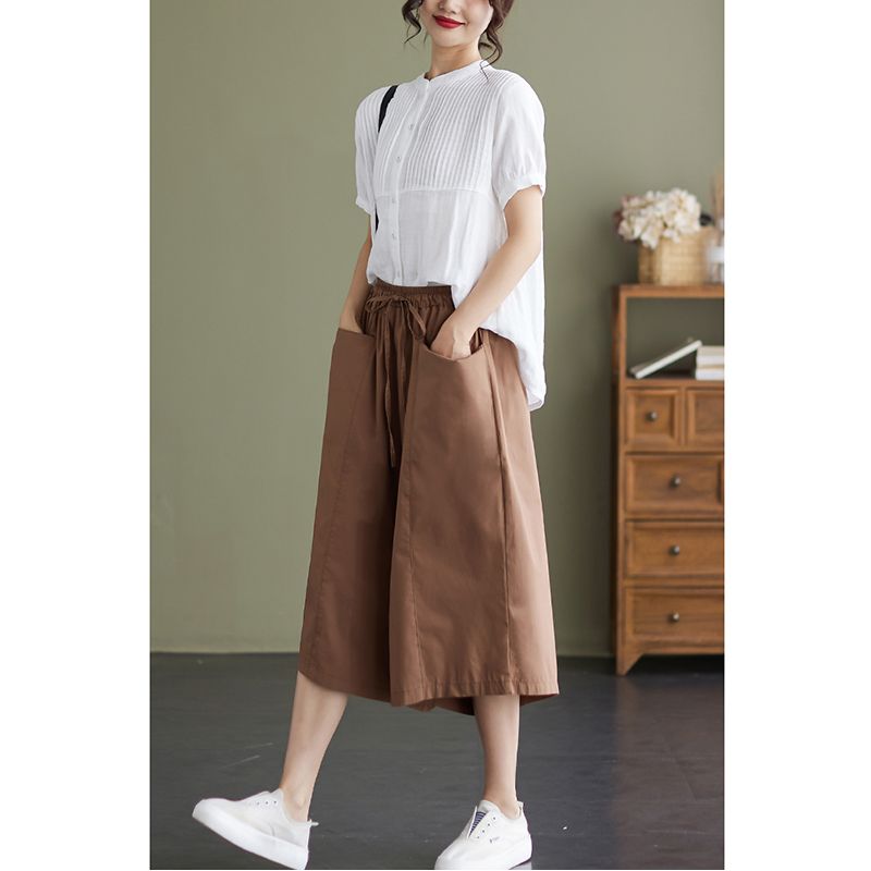 

Plus size women clothing Chubby Girl European and American Summer New Elastic High Waist Lace-up Tencel Thin Casual Cropped Wide Leg Culottes Coffee 3XL