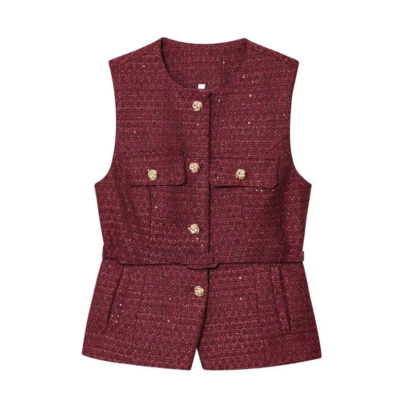 Autumn and Winter New Fashion Slim fit round Neck Sleeveless With Belt Beads Decoration Breasted Texture Vest 9298725