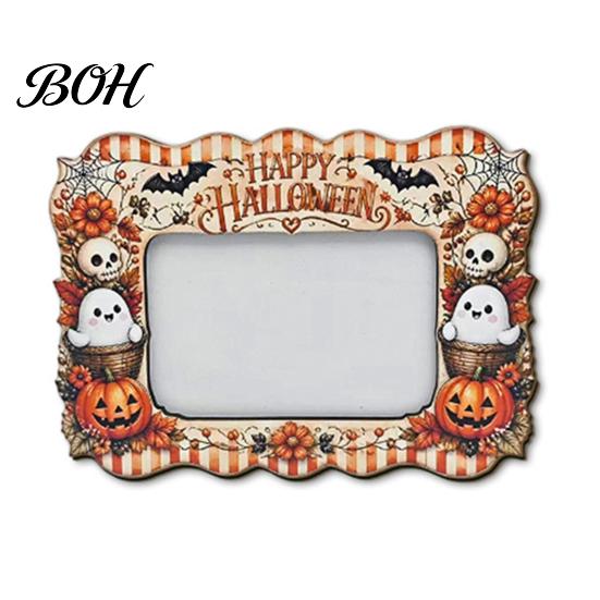 Festive Home Accents Halloween Wooden Photo Frame, Cute Ghost Pumpkin Picture Childlike Ornament Rustic Holder for Holiday Table Centerpiece