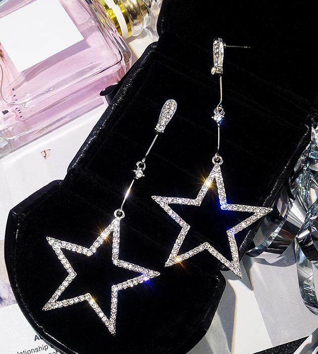 New Shiny Temperament Five-pointed Star Rhinestone Crystal Earrings Personality Wild Long Star Pendant Exaggerated Big Earrings