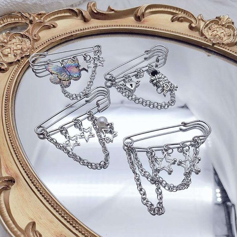 Harajuku Fünfzackiger Stern Serie Brosche Street Fashion Anstecknadel Anzug Accessoires Schlichte Doppelkettchen Anstecknadel