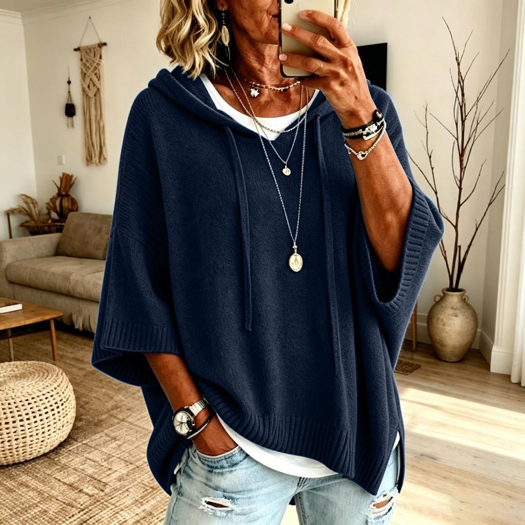 Women's Loose Fit Hooded Drawstring Sweater with Three-Quarter Sleeves Color Casual Top