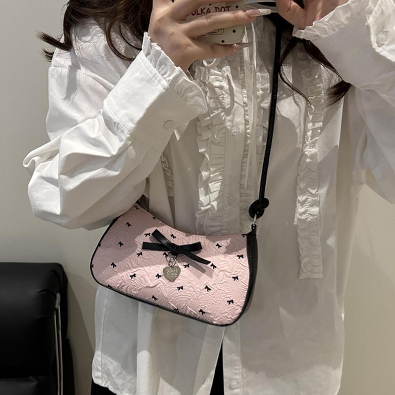 Y2k Pink Bow Armpit Bag for Women, New Fashionable and Versatile Texture Light Luxury Single Shoulder Small Square Bags